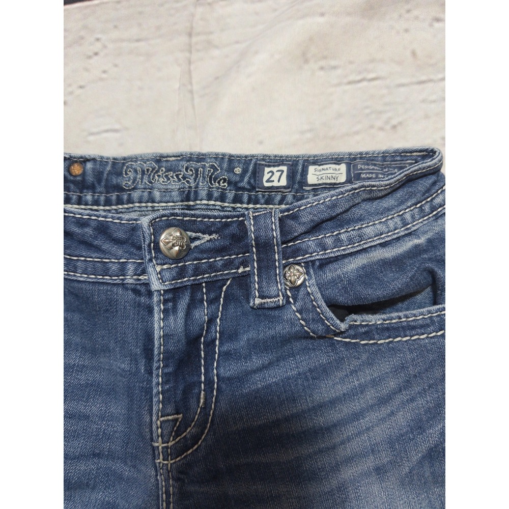 Miss Me Signature Skinny Jeans Womens 27 Blue Embellished Flap Pocket Low‎ Rise - Picture 4 of 10